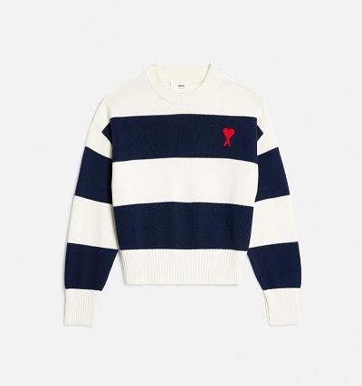 Ami Paris Ami de Coeur With Rugby Stripes Men's Sweaters White / Navy | ami-NZ604