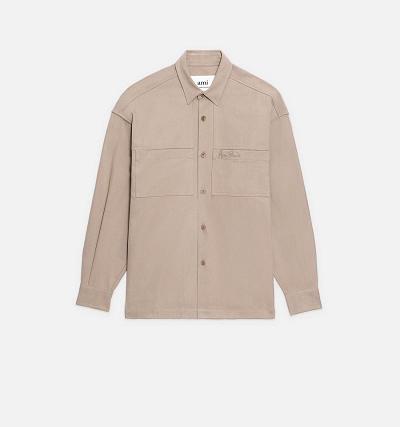 Ami Paris Embroidery Overshirt Men's Shirts Khaki | ami-NZ578