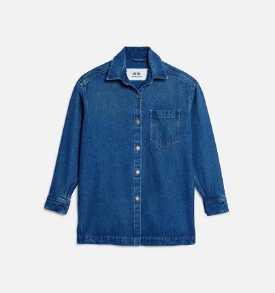 Ami Paris Overshirt With Print Men's Denim Blue | ami-NZ518