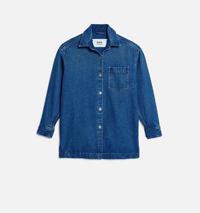 Ami Paris Overshirt With Print Women's Shirts Navy | ami-NZ566