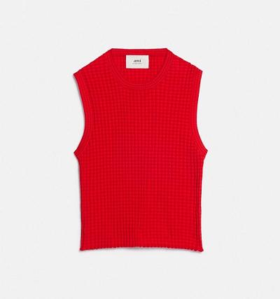 Ami Paris Pleated Sleeveless Women's Sweaters Red | ami-NZ191