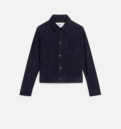 Ami Paris Suede Leather Buttoned Men's Jackets Navy | ami-NZ415