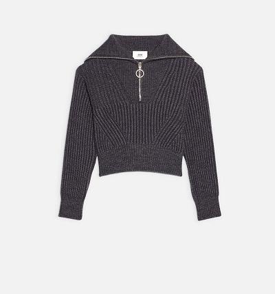Ami Paris Zip Collar Ribbed Jumper Women's Sweaters Grey | ami-NZ560